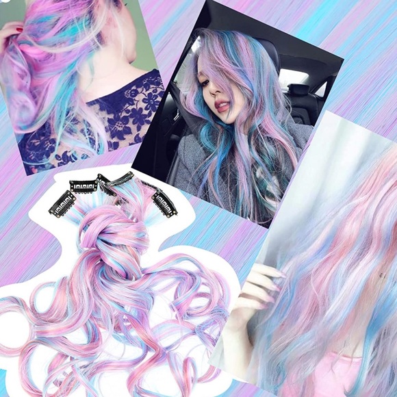 NEW Curly Unicorn 26" Long Clip-in Hair Extensions 7 Pcs Pink Purple & Blue - Picture 2 of 8